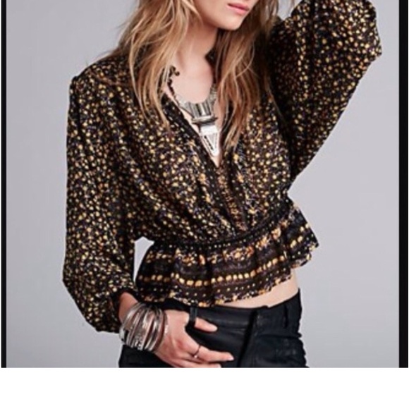 Free People Beaded Black and Yellow Poppy Elastic Blouse - Picture 1 of 7